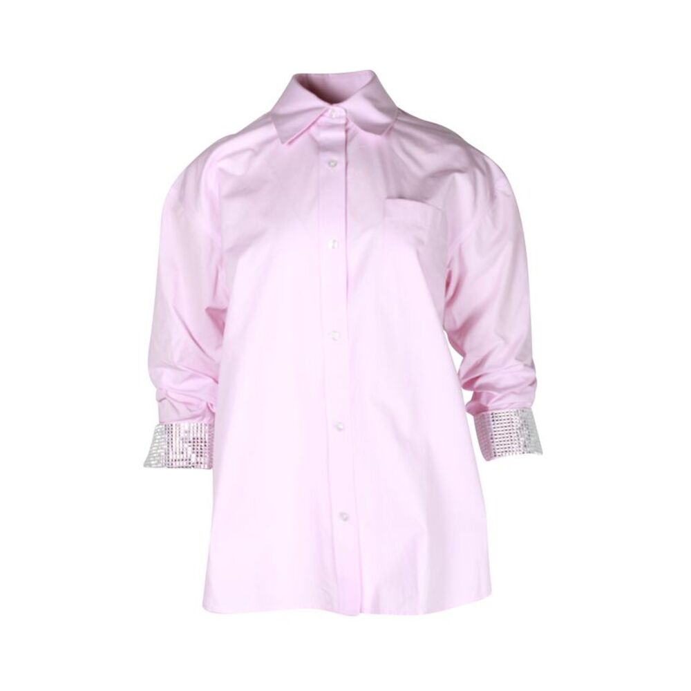 Alexander Wang Crystal-Embellished Cuff Button-Up Shirt in Pink Cotton
